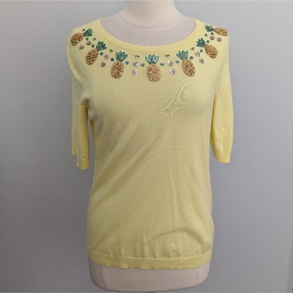 Women's Talbots Pineapple Sequin Yellow Sweater Short Sleeve Medium - Picture 1 of 7